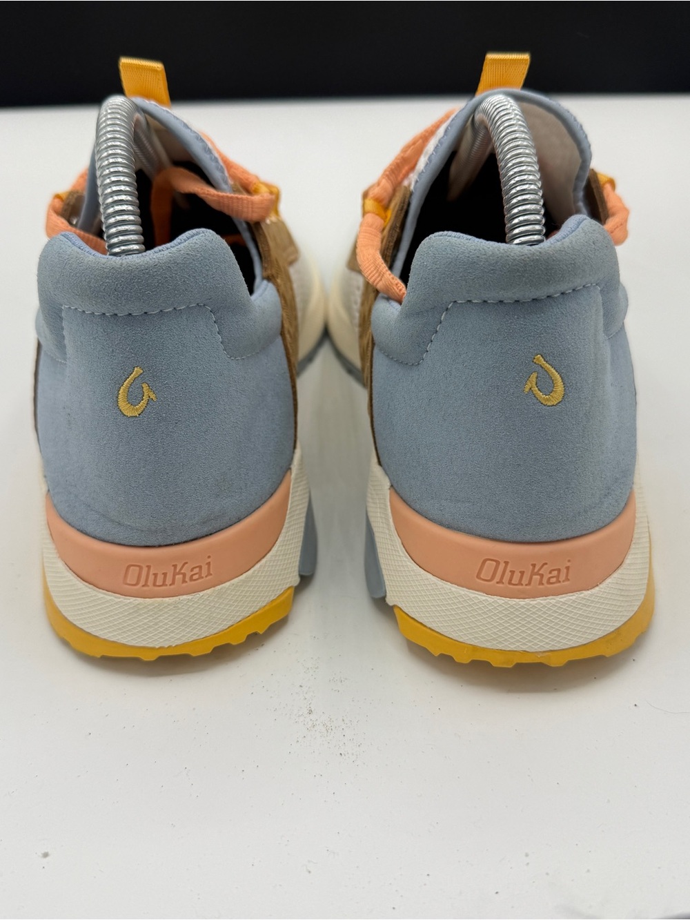 OluKai Women's White Mesh Athletic Sneakers with Peach and Yellow Accents - Picture 3 of 9